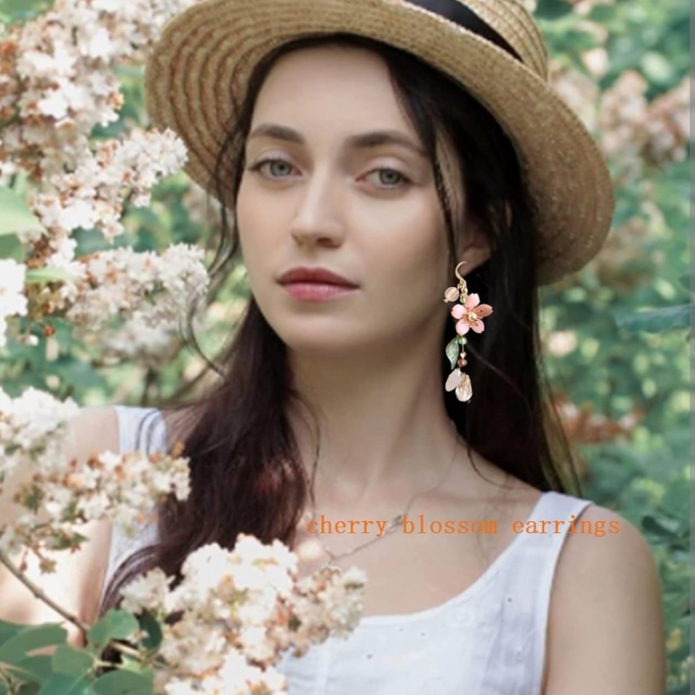 64. NWOT Cute Pink Flower Pearl Leaf Fairy Dangle Statement Earrings - Picture 4 of 5